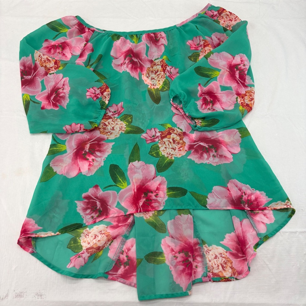 Wishful Park Womens Teal Pink Floral Off Shoulder Blouse J3-1091 L